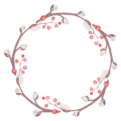 Watercolor spring wreath of willow twigs with fluffy earrings and red berries. Realistic drawing. Round Easter or wedding frame in rustic style.