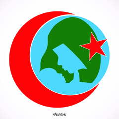 Young veiled Muslim woman with baby.  Islam symbol. Moon and star icon isolated on white background. National flag background