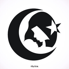 Young veiled Muslim woman with baby.  Islam symbol. Moon and star icon isolated on white background. Icon Isolated on White Background. Flat style