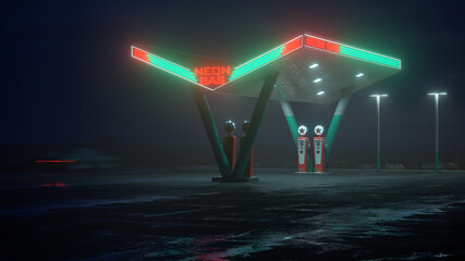 Neon retro gas station at night. Fog, rain, reflections on asphalt. 3D illustration.