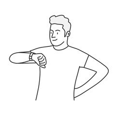 Young man looks at watch. Hand drawn vector illustration.