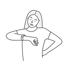 The woman looks at her watch. Hand drawn vector illustration.