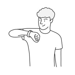 Smiling guy uses electronic wristwatch. Hand drawn vector illustration.