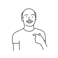Bald man with mustache point to himself. Are you talking about me? Hand drawn vector illustration. 