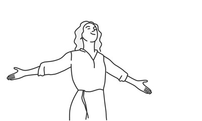 Happy woman stretching arms and relaxing. Hand drawn vector illustration.