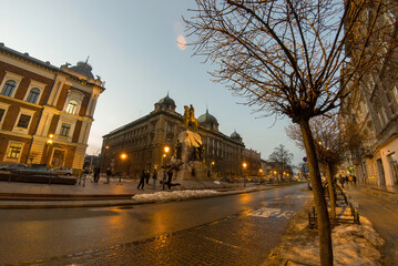 Cracow, Poland - February 20, 2021: The Grunwald Monument is an equestrian statue of King of Poland Władysław II Jagiełło located at Matejko Square in Kraków's Old Town