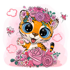 Tiger with flowers on a pink background