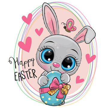 Cartoon Gray Bunny with Easter egg