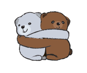 White and blown teddy bears hugging on white background. Vector illustration. 