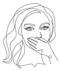 Silhouettes of a girl's head in a modern one line style. The lady covered her face and mouth with the palm of her hand. Continuous line drawing, for sticker, logo. Vector illustration.