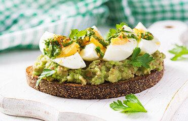 Vegetarian breakfast. Sandwich with avocado puree and boiled eggs.  Healthy breakfast or lunch.