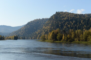 Morning on the mountain river Biya. Altai Republic. Western Siberia. Russia