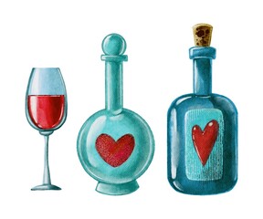 Watercolor blue green vase bottle cup  with red heart. Handdrawn watercolor painted clip art, Saint Valentine's Day decoration and symbol. Perfect for decoration of invitations, posters and packaging.