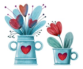 Watercolor blue vase and cup with red hearts, flowers, leaves. Handdrawn watercolor painted clip art, Saint Valentine's Day decoration. Perfect for decoration of invitations, posters and packaging.