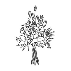 Floral composition. Bouquet with hand drawn flowers and plants. Monochrome vector illustration in sketch style.