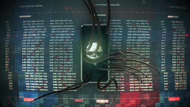 Smartphone under hacking attack, malware, security breach, phone hijacking. Hacked smartphone concept, creepy horror tentacles rising from screen
