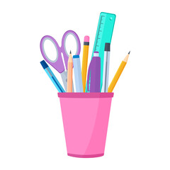 Vector illustration Office equipment pen holder. A set of bright office supplies in a flat cup. Bright Colored Pen Carandashi Scissors Ruler. Isolated on white background

