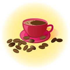 On a pale yellow background is a burgundy cup of black coffee with froth. Coffee beans are scattered around the cup.