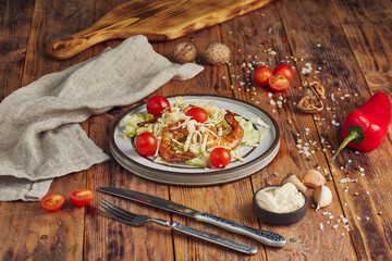 Caesar salad with shrimps in a white plate on a wooden background