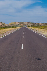 Fototapeta na wymiar Ruta 40 Argentina. Carretera entre llanuras y mesetas, con un cielo vistoso