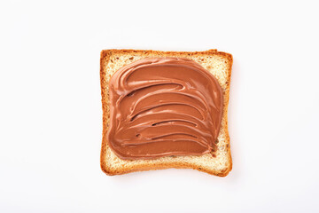 Slice of toast with chocolate cream with hazelnut isolated on white background with clipping path. Top view.