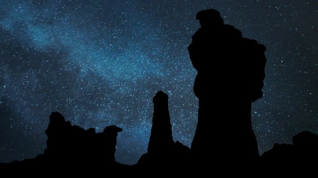 Badlands National Park in USA, Time Lapse by Night with Stars and Milky Way in Background