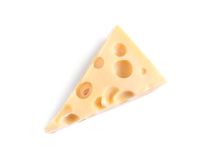 Piece of cheese with holes isolated on white, top view