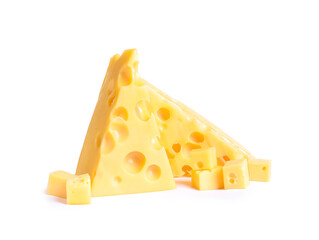 Pieces of cheese with holes on white background