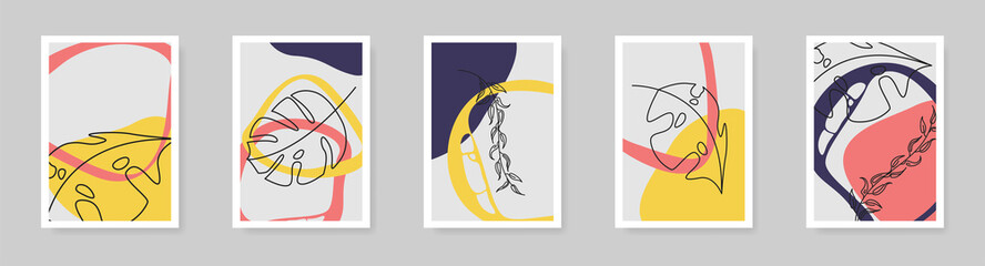 Tropical leaves boho style vector walpaper background set with abstract shapes in colorful flat style, decoration for poster or invitation pattern collection illustration.