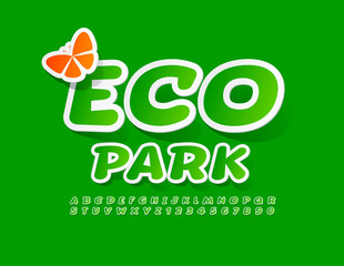 Vector green emblem Eco Park with sticker Font. Creative set of Alphabet Letters and Numbers