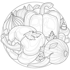 Vegetables. Bell pepper with onions and mushrooms.Coloring book antistress for children and adults.