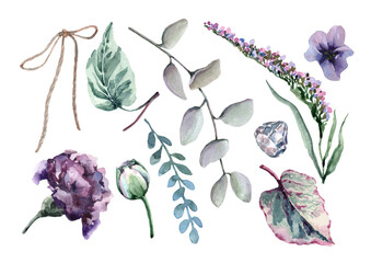 Set of small flowers of lavender, pansies, carnation, eucalyptus, begonia leaves, precious stone, bow. Watercolor hand-drawn on a white background for cards, wedding invitations, packaging, print.