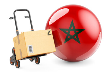 Parcel on the hand truck with Moroccan flag. Shipping in Morocco, concept. 3D rendering