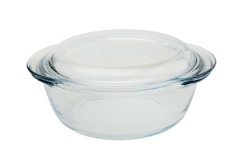 glass casserole for baking and cooking closed with a glass lid on a white background