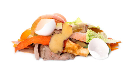 Pile of organic waste for composting on white background