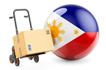 Parcel on the hand truck with Philippines flag. Shipping in Philippines, concept. 3D rendering