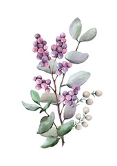 Naklejka na ściany i meble Eucalyptus, berry branches, mistletoe, herbs. Watercolor composition Valentine's Day, Mother's Day, wedding, birthday. Floral pastel bouquet on a white background for cards, invitations, prints.