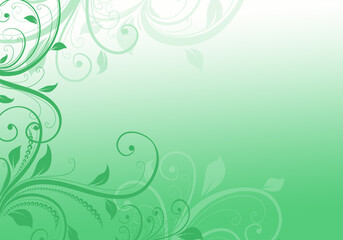 Elegant green and white background with swirls and little leaves and space for your text. Spring illustration.