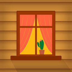 Window with cactus and pink curtains. Vector wooden house wall with window.