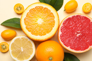 Fresh juicy citrus fruits with green leaves on beige background, flat lay