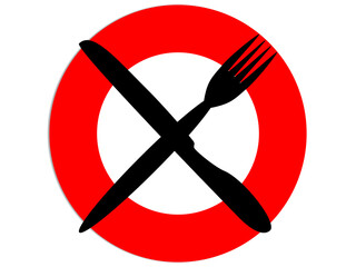 Fork and spoon on a red plate, a sign of diet or or dietary restrictions