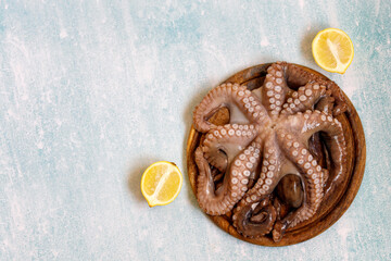 Obraz na płótnie Canvas Large octopus tentacles on a wooden Board for Stripping on a blue background. Octopus on the kitchen table. Preparing to cook octopus