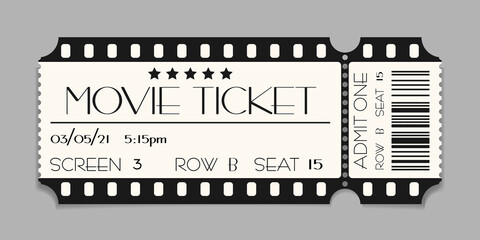 Cinema ticket template mockup with barcode. Vector illustration of realistic show admission in retro style. Vintage performance ticket or coupon design