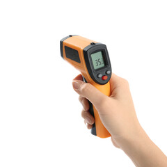 Woman with infrared thermometer on white background, closeup. Checking temperature during Covid-19 pandemic
