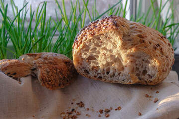 Handicraft bread with sunflower seeds on the windowsill at golden hour. Crumbs on the canvas. Green onion. Pink sunset.