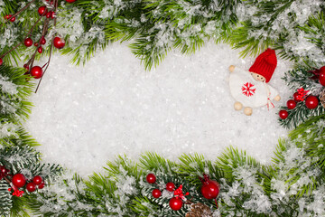 Naklejka na ściany i meble Christmas greeting card. Christmas border with copy space. Noel festive background. New year symbol. Children playing theme.