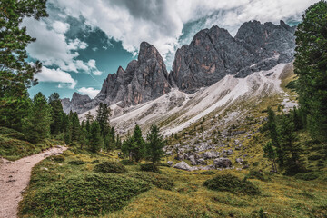 Panoramic view of the Odle mountain peaks, Italy..Adolf Munkel way.