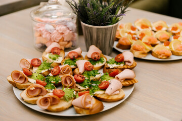Delicious spicy tomato Italian snacks, or bruschetta, on slices of toasted baguette, decorated with basil, red fish, ham on a wooden board