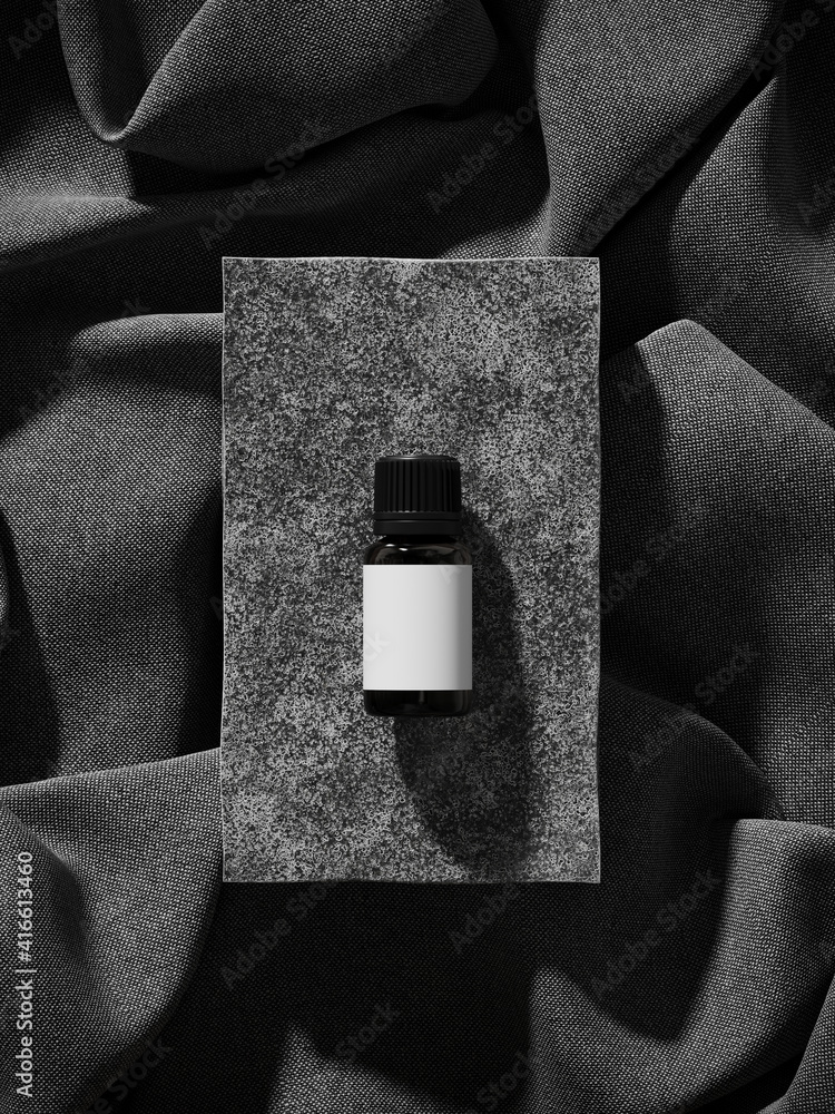 Poster minimal abstract mockup background for product presentation. essential oil bottle and stone platform