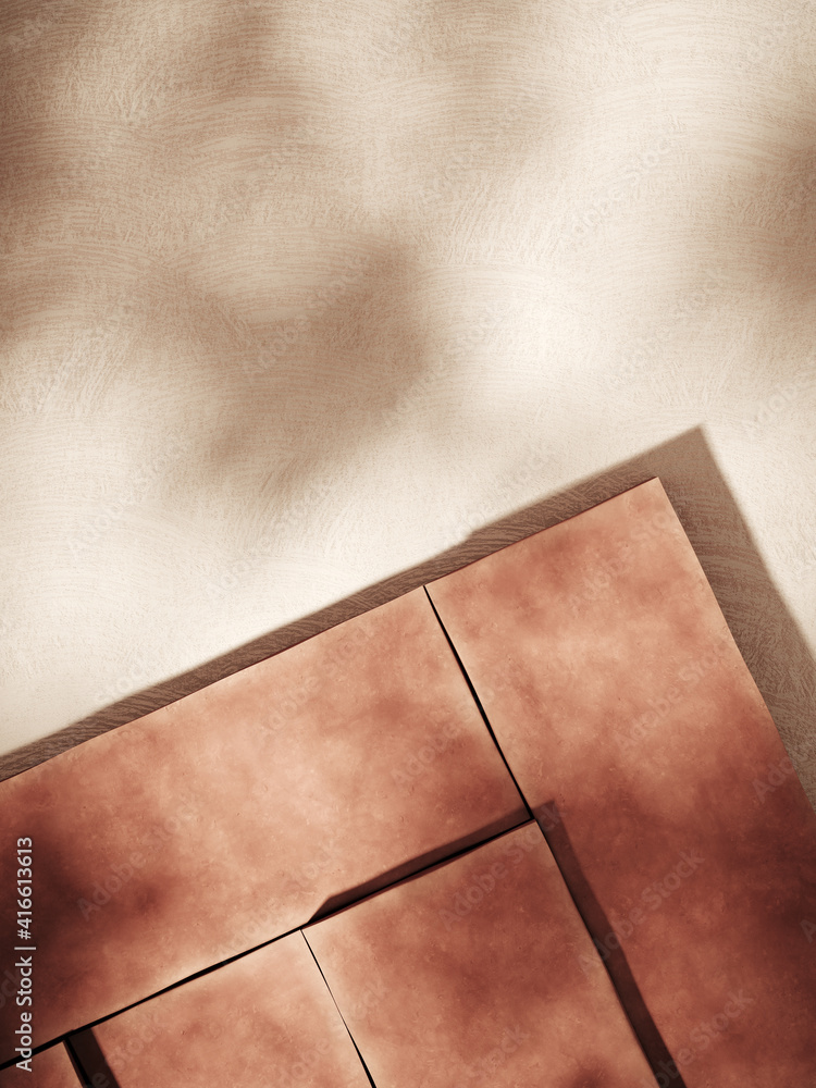 Poster mediterranean style mockup for product presentation. terracotta platform with leaf shadow on beige s